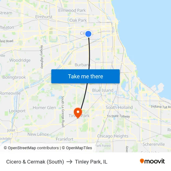 Cicero & Cermak (South) to Tinley Park, IL map