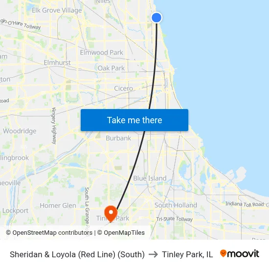 Sheridan & Loyola (Red Line) (South) to Tinley Park, IL map