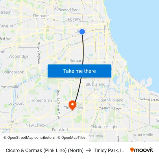 Cicero & Cermak (Pink Line) (North) to Tinley Park, IL map