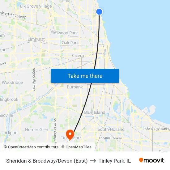 Sheridan & Broadway/Devon (East) to Tinley Park, IL map