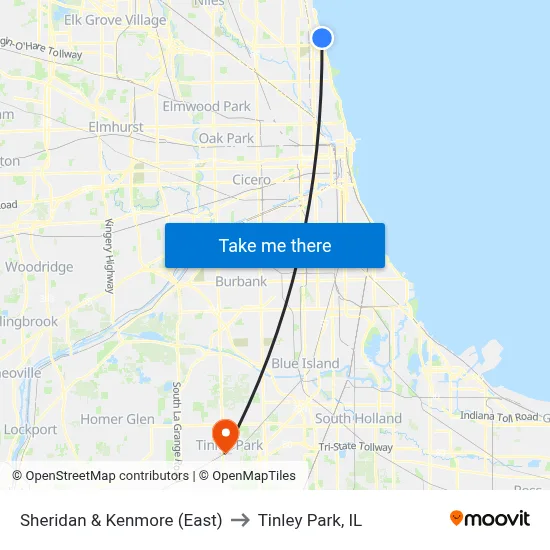 Sheridan & Kenmore (East) to Tinley Park, IL map