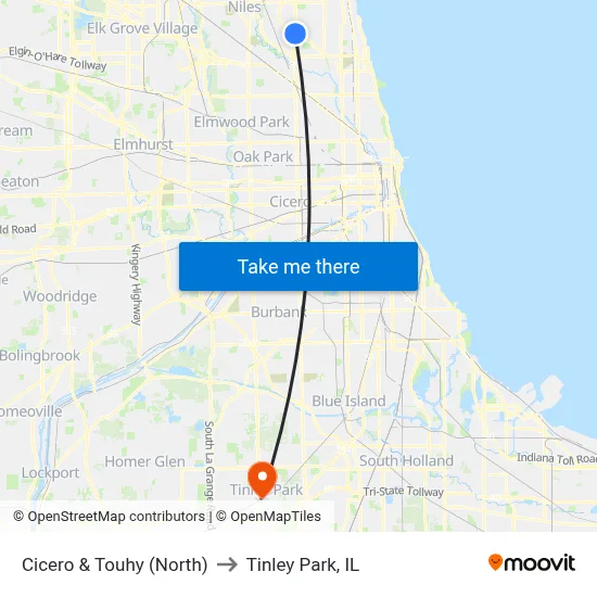Cicero & Touhy (North) to Tinley Park, IL map