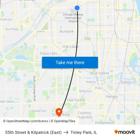55th Street & Kilpatrick (East) to Tinley Park, IL map