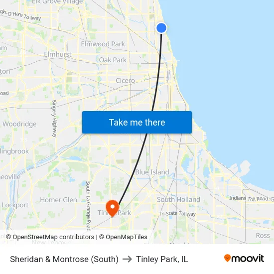 Sheridan & Montrose (South) to Tinley Park, IL map