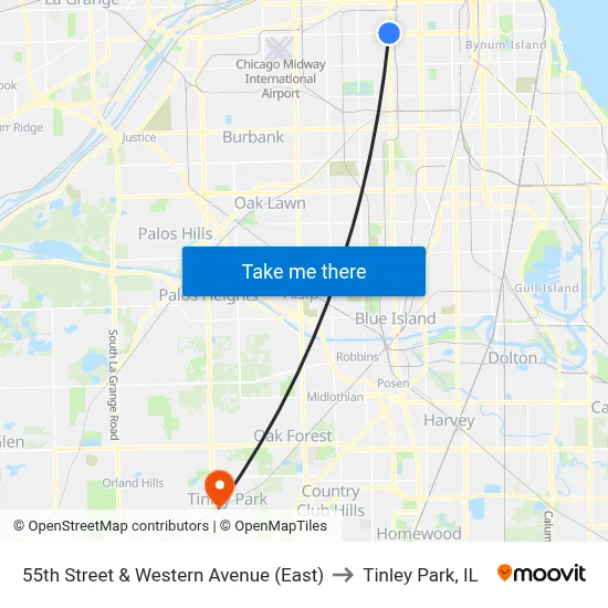 55th Street & Western Avenue (East) to Tinley Park, IL map