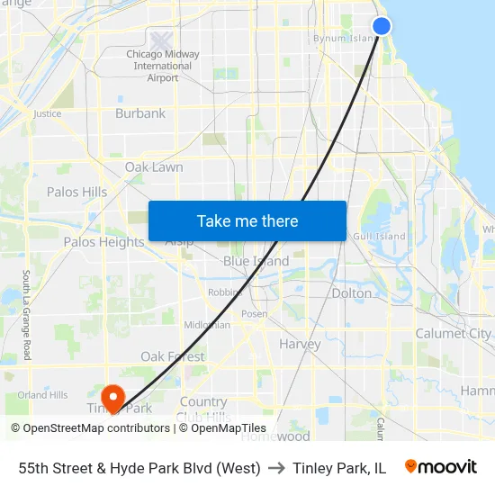 55th Street & Hyde Park Blvd (West) to Tinley Park, IL map