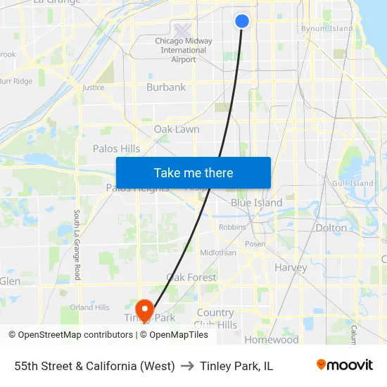 55th Street & California (West) to Tinley Park, IL map