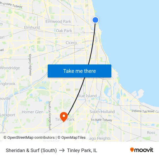 Sheridan & Surf (South) to Tinley Park, IL map