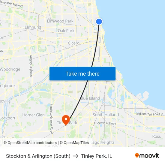 Stockton & Arlington (South) to Tinley Park, IL map