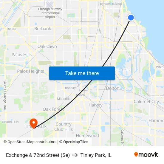 Exchange & 72nd Street (Se) to Tinley Park, IL map