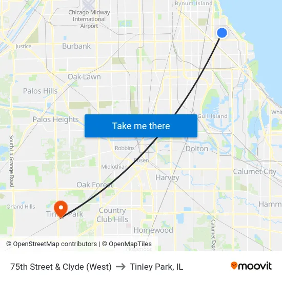75th Street & Clyde (West) to Tinley Park, IL map