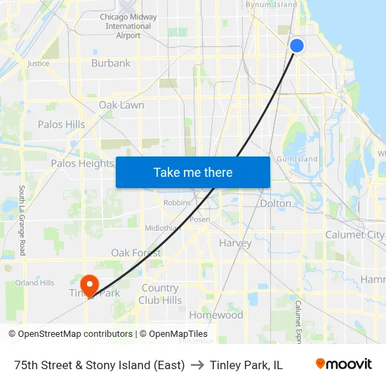75th Street & Stony Island (East) to Tinley Park, IL map