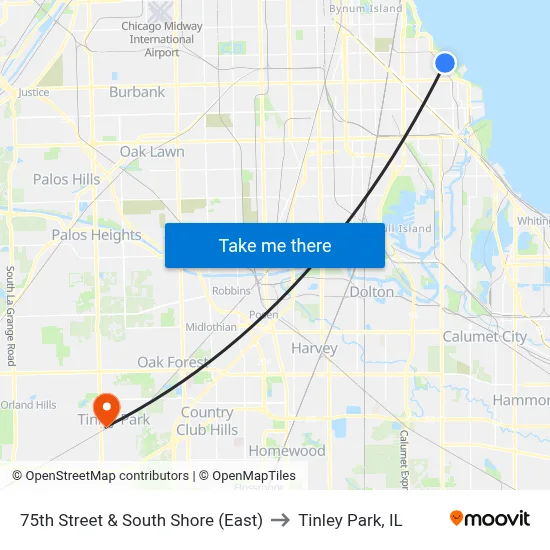 75th Street & South Shore (East) to Tinley Park, IL map