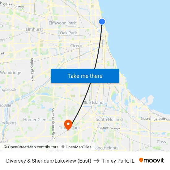 Diversey & Sheridan/Lakeview (East) to Tinley Park, IL map