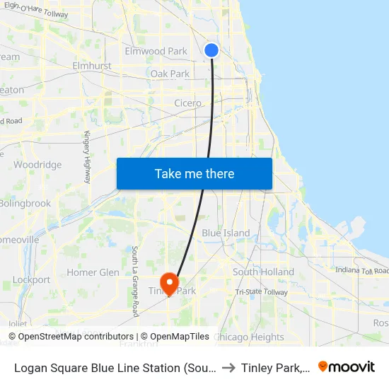 Logan Square Blue Line Station (South) to Tinley Park, IL map