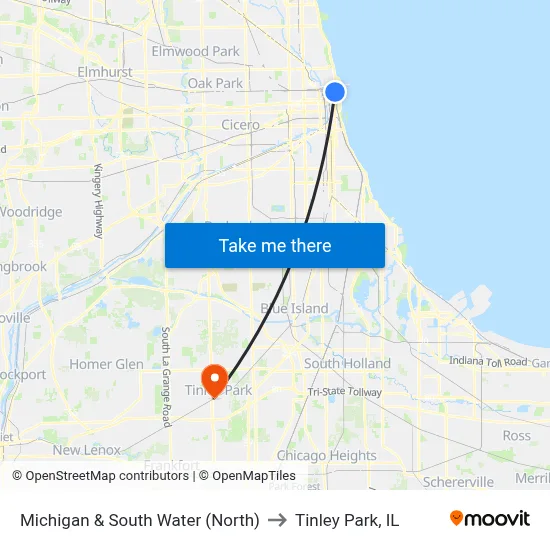 Michigan & South Water (North) to Tinley Park, IL map