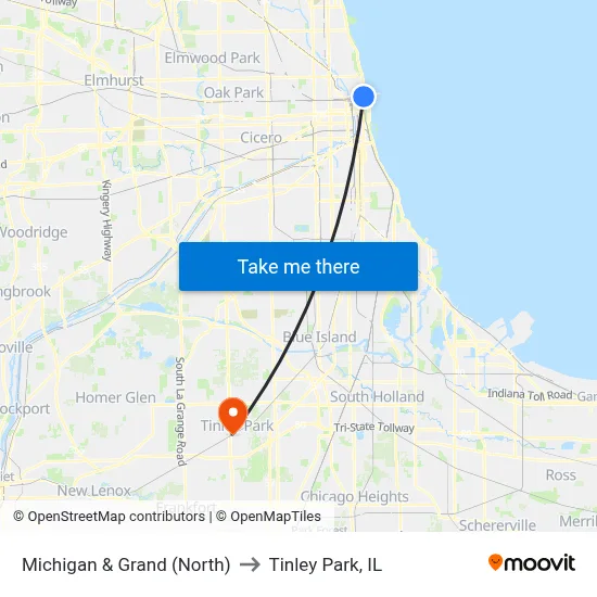 Michigan & Grand (North) to Tinley Park, IL map