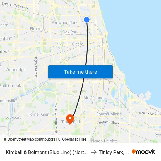 Kimball & Belmont (Blue Line) (North) to Tinley Park, IL map