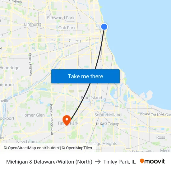 Michigan & Delaware/Walton (North) to Tinley Park, IL map