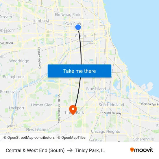 Central & West End (South) to Tinley Park, IL map
