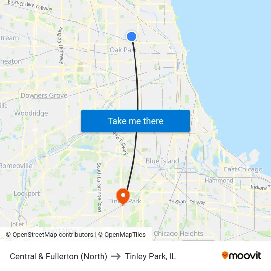 Central & Fullerton (North) to Tinley Park, IL map