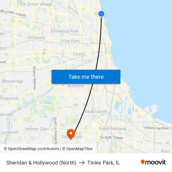 Sheridan & Hollywood (North) to Tinley Park, IL map