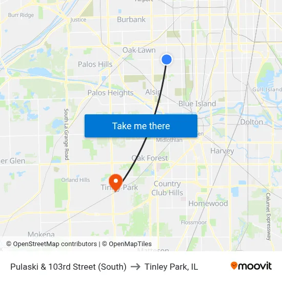 Pulaski & 103rd Street (South) to Tinley Park, IL map