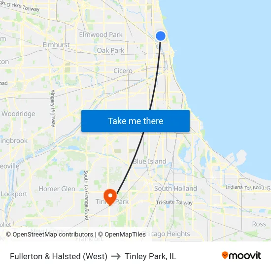 Fullerton & Halsted (West) to Tinley Park, IL map