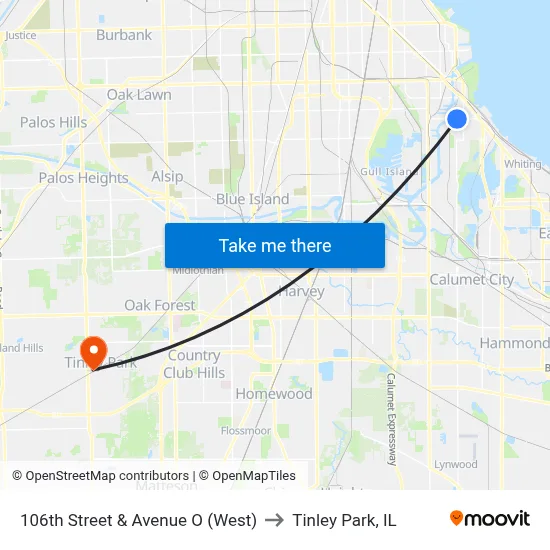 106th Street & Avenue O (West) to Tinley Park, IL map