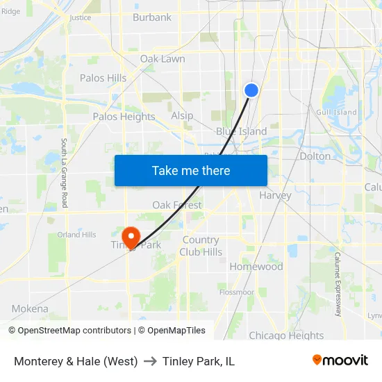 Monterey & Hale (West) to Tinley Park, IL map