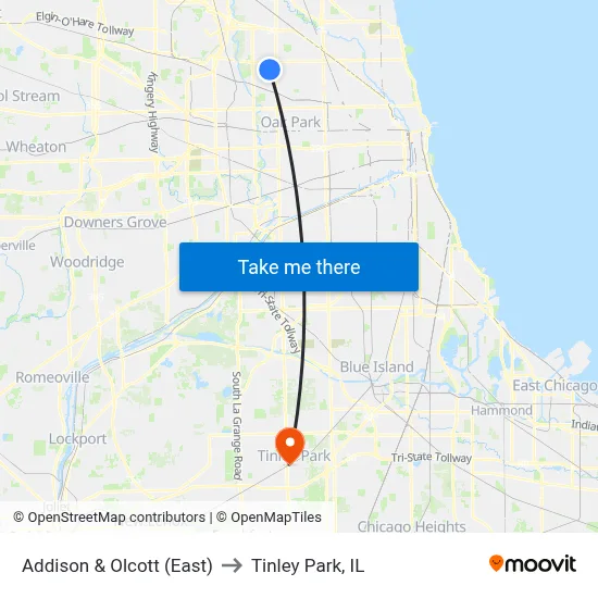 Addison & Olcott (East) to Tinley Park, IL map