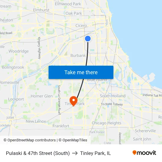Pulaski & 47th Street (South) to Tinley Park, IL map