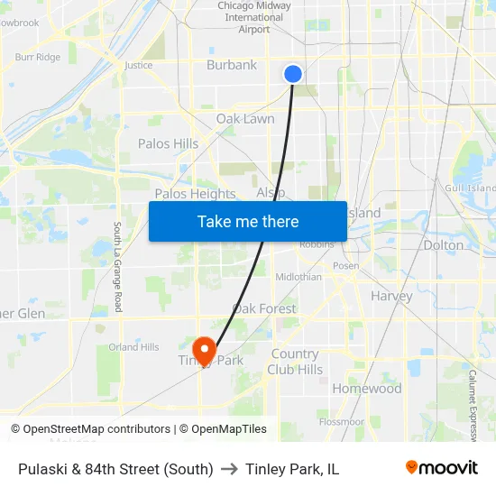 Pulaski & 84th Street (South) to Tinley Park, IL map