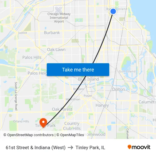 61st Street & Indiana (West) to Tinley Park, IL map