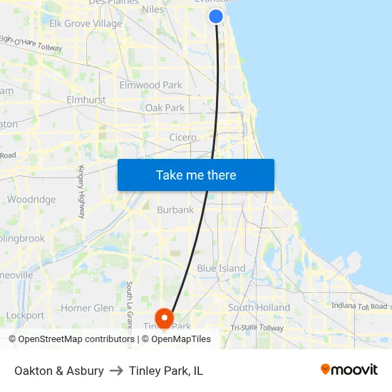 Oakton & Asbury to Tinley Park, IL map