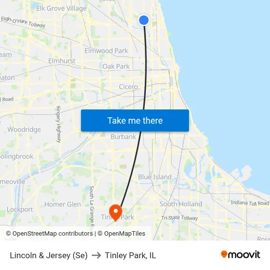 Lincoln & Jersey (Se) to Tinley Park, IL map