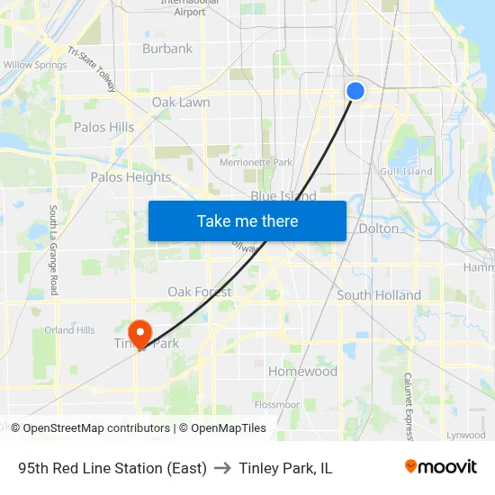 95th Red Line Station (East) to Tinley Park, IL map