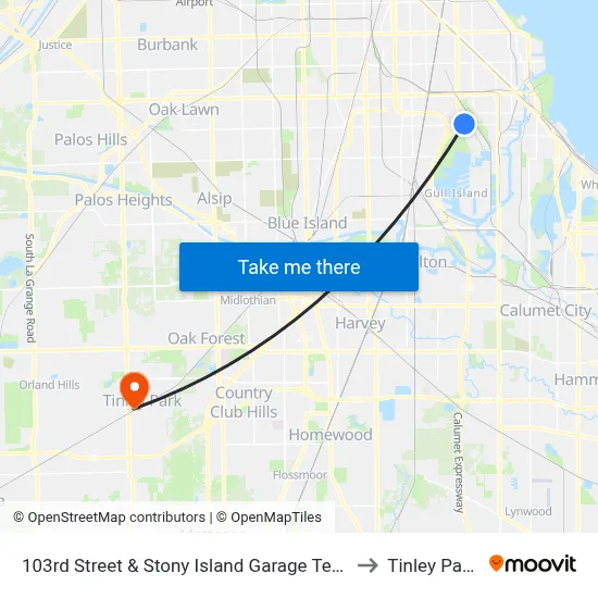 103rd Street & Stony Island Garage Terminal (Se) to Tinley Park, IL map