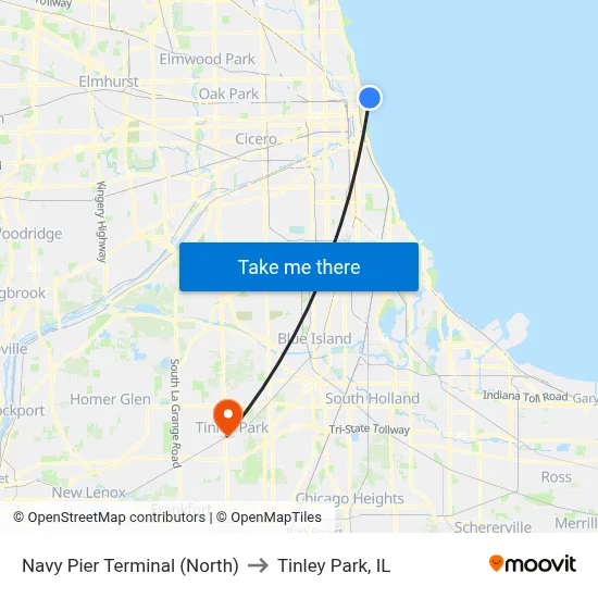 Navy Pier Terminal (North) to Tinley Park, IL map