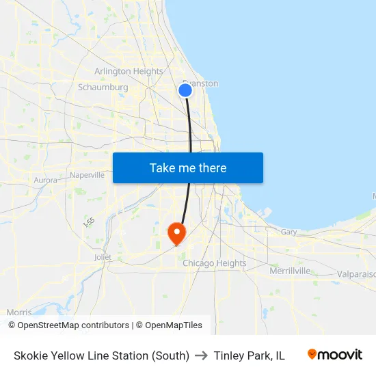 Skokie Yellow Line Station (South) to Tinley Park, IL map
