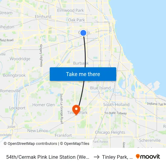 54th/Cermak Pink Line Station (West) to Tinley Park, IL map