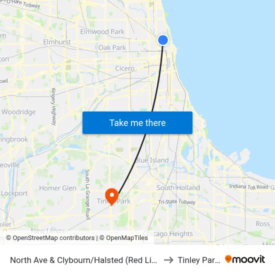 North Ave & Clybourn/Halsted (Red Line) (West) to Tinley Park, IL map