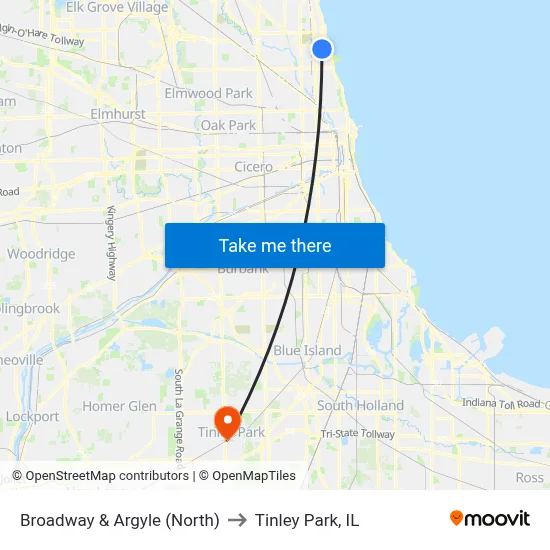 Broadway & Argyle (North) to Tinley Park, IL map