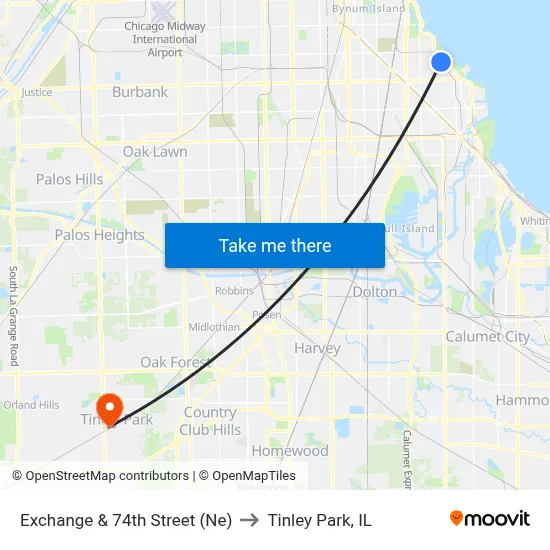 Exchange & 74th Street (Ne) to Tinley Park, IL map