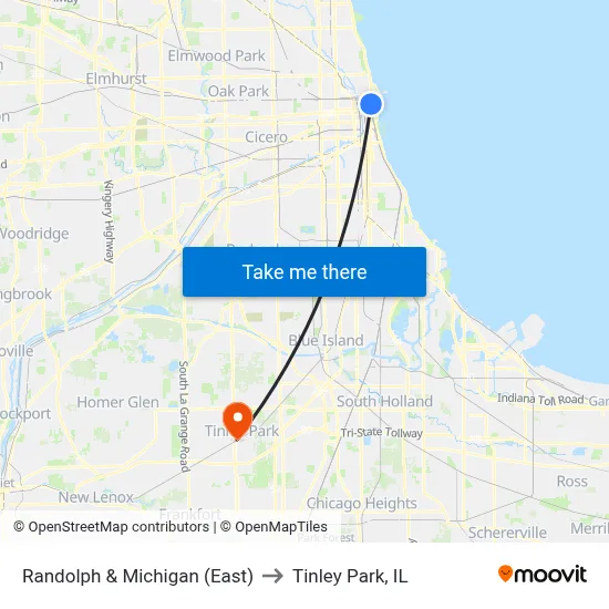 Randolph & Michigan (East) to Tinley Park, IL map