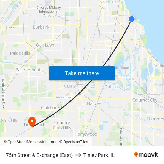 75th Street & Exchange (East) to Tinley Park, IL map