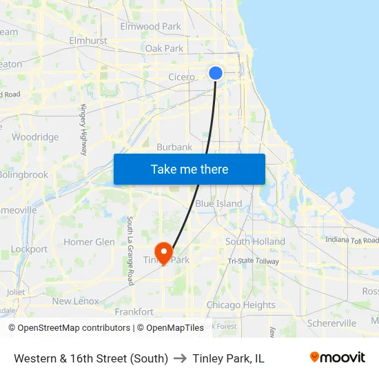 Western & 16th Street (South) to Tinley Park, IL map
