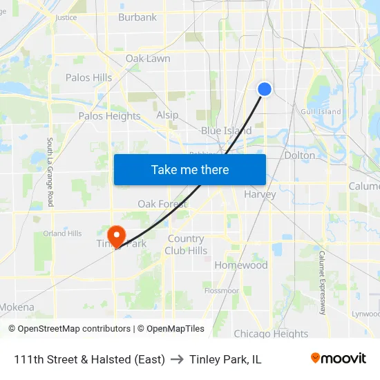 111th Street & Halsted (East) to Tinley Park, IL map