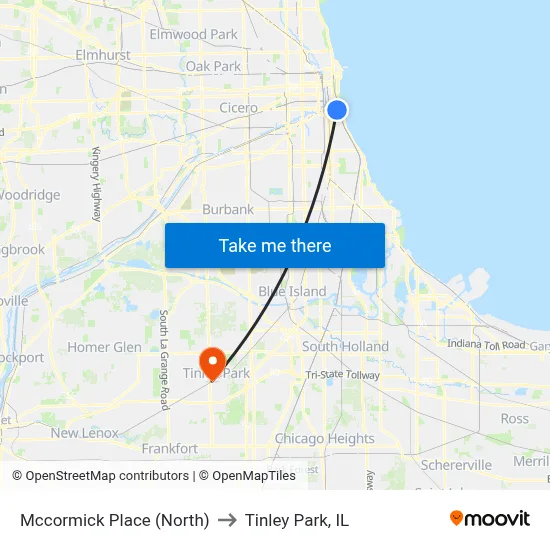 Mccormick Place (North) to Tinley Park, IL map