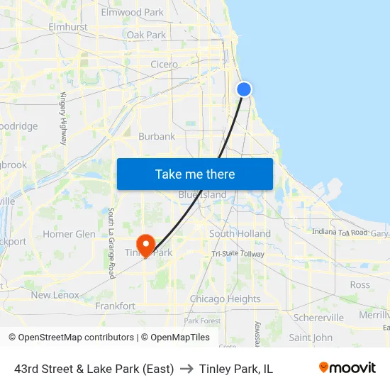 43rd Street & Lake Park (East) to Tinley Park, IL map